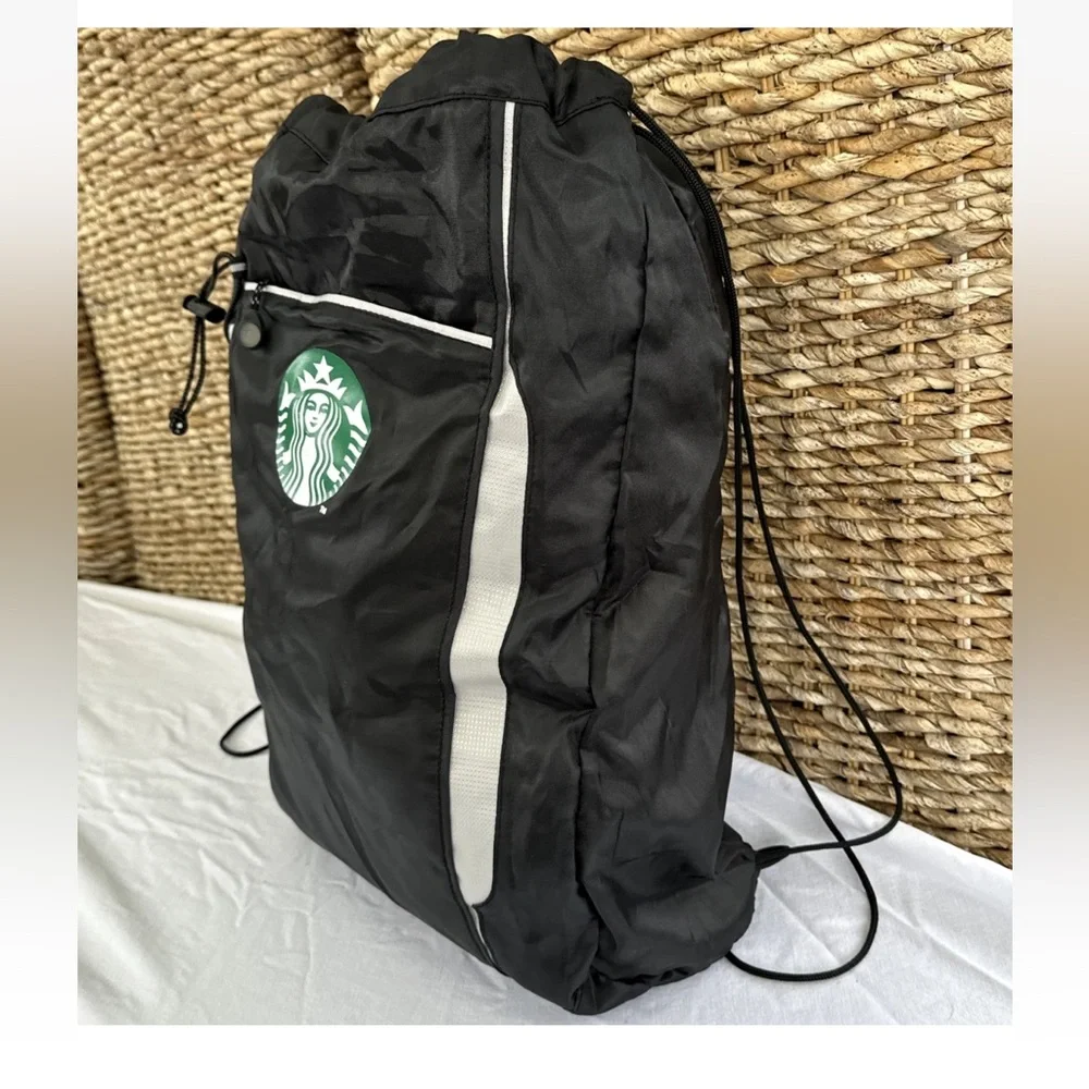 Starbucks Logo Drawstring Backpack Cinch Bag Gym Black Reflective Bungee ￼￼